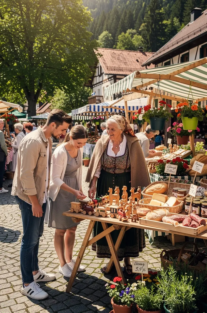 Bild einer historischen deutschen Stadt mit typischer Architektur und Touristen, die Sehenswürdigkeiten besichtigen.
